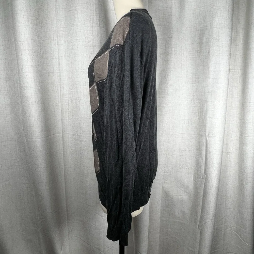 Banana Republic Sweater Mens XL Grey Brown Argyle Silk Cashmere Blend‎ V Neck